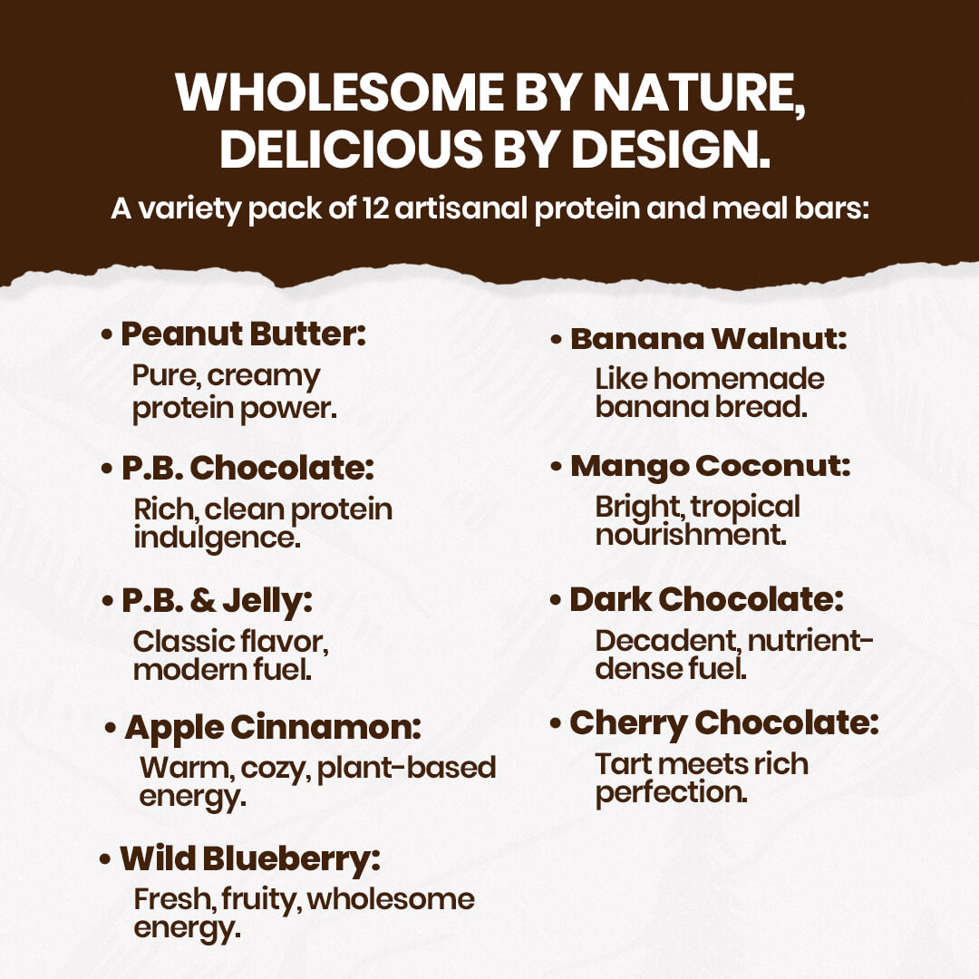 Product description of artisanal protein and meal bars with flavor options on a brown and white background.