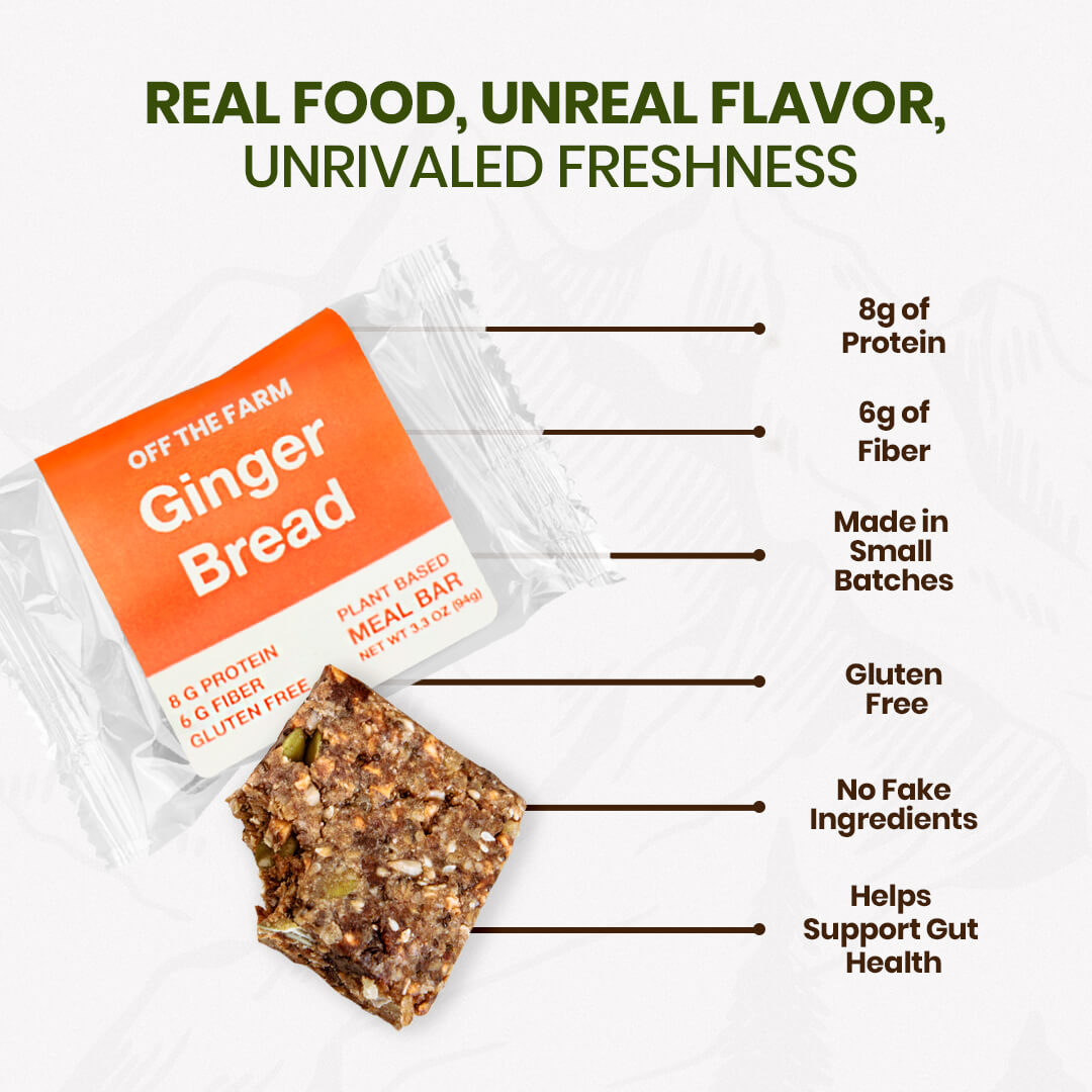 Gingerbread flavored meal bar packaging with nutritional information on a white background