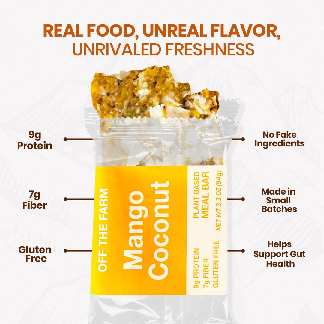 Mango Coconut meal bar packaging with nutritional information and product features on a white background