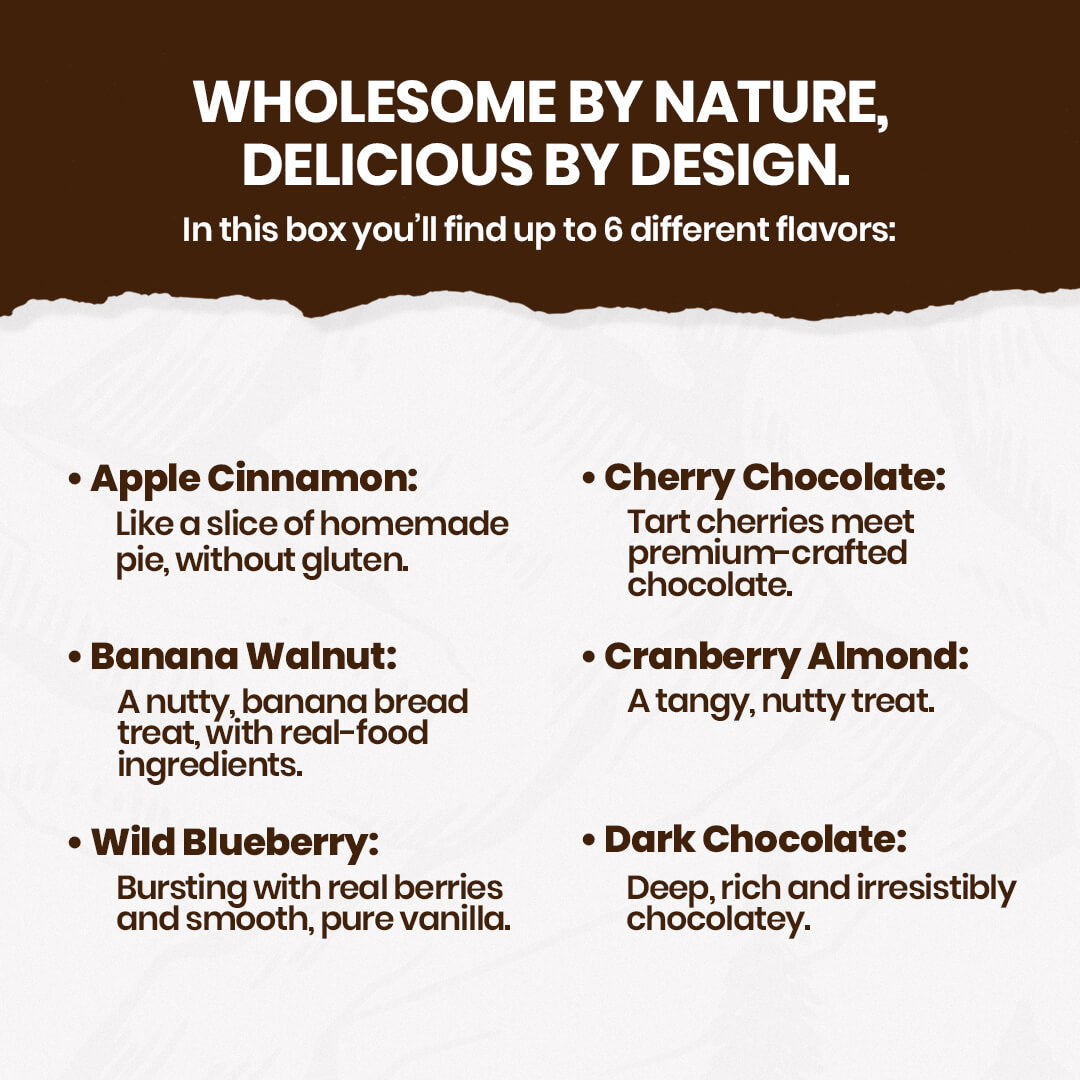 Product description card with flavors and text on a brown and white background