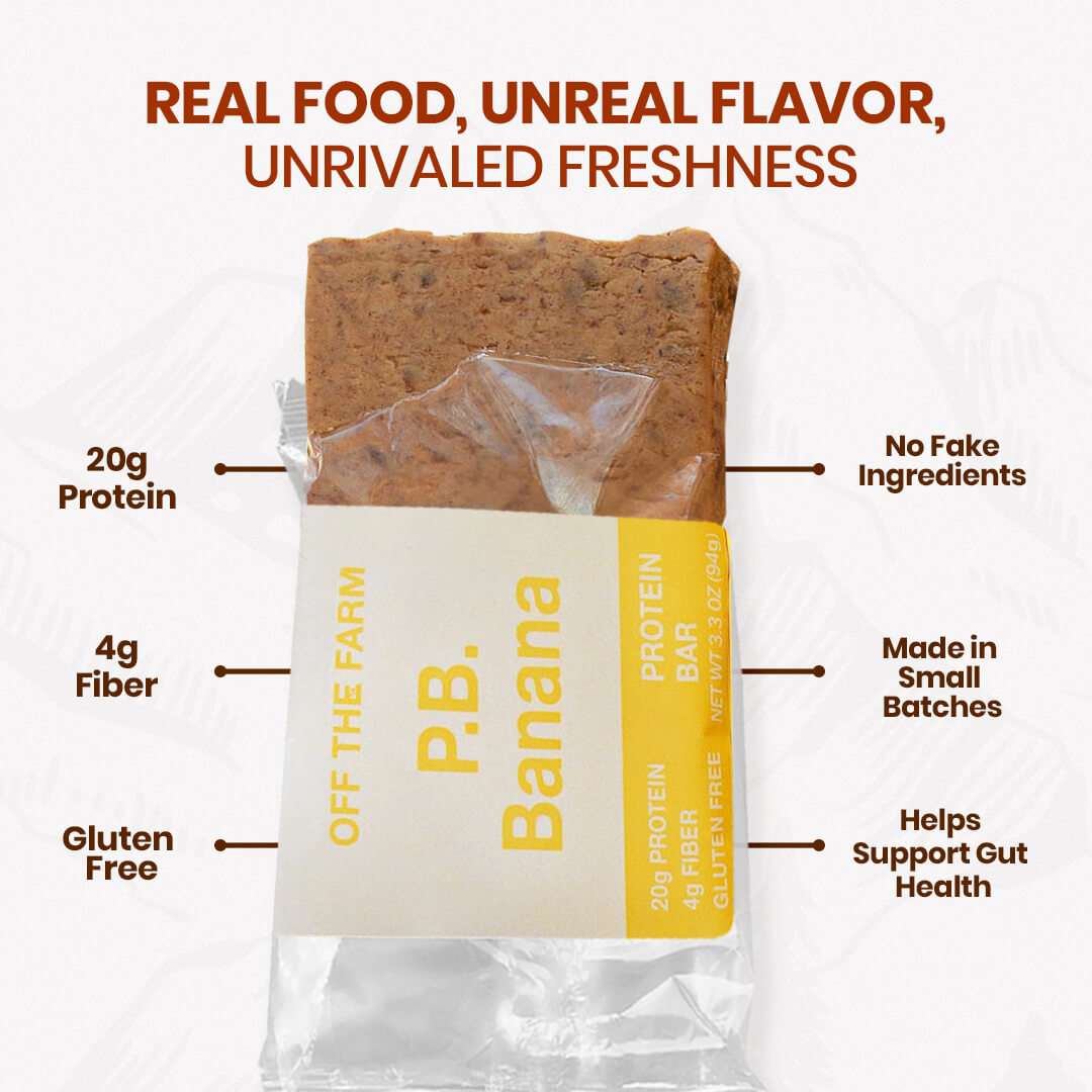 P.B. Banana protein bar packaging with selling points on a white background