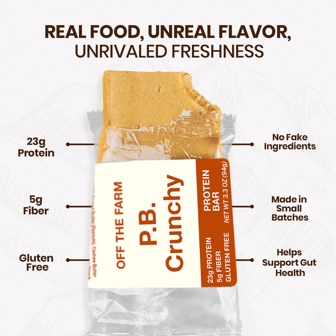 P.B. Crunchy protein bar packaging with nutritional information and product features.