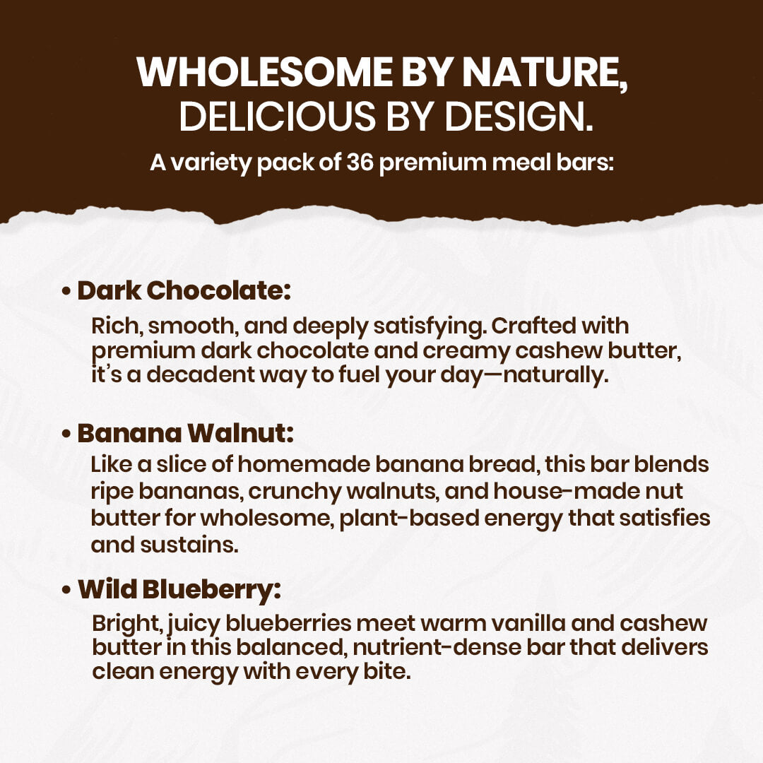 Product description of premium meal bars with flavors and features on a white background.