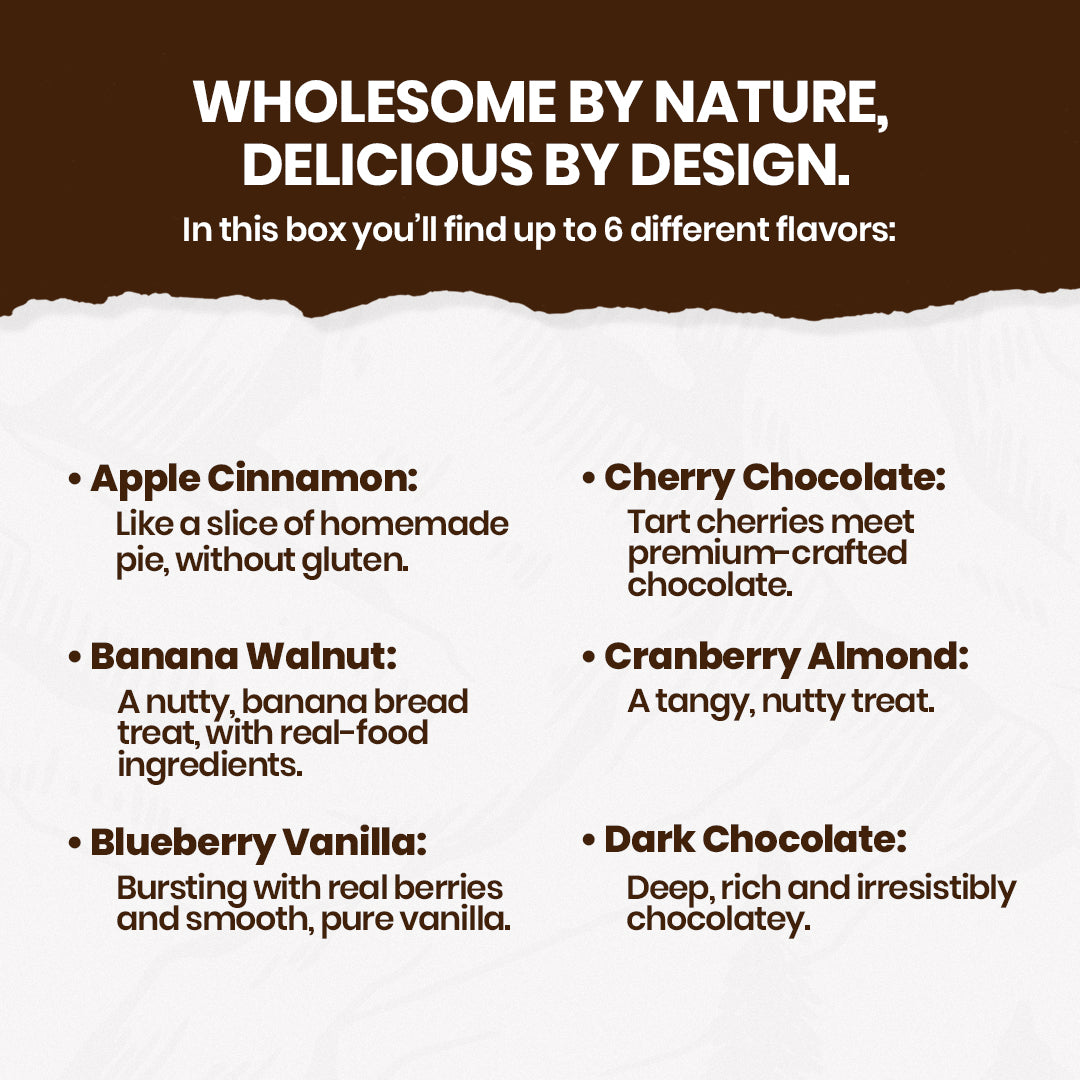 Product description card with flavors and text on a brown and white background