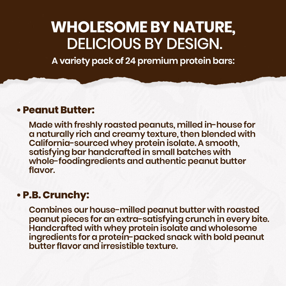A promotional text graphic for a variety pack of 24 premium protein bars, featuring Peanut Butter and P.B. Crunchy