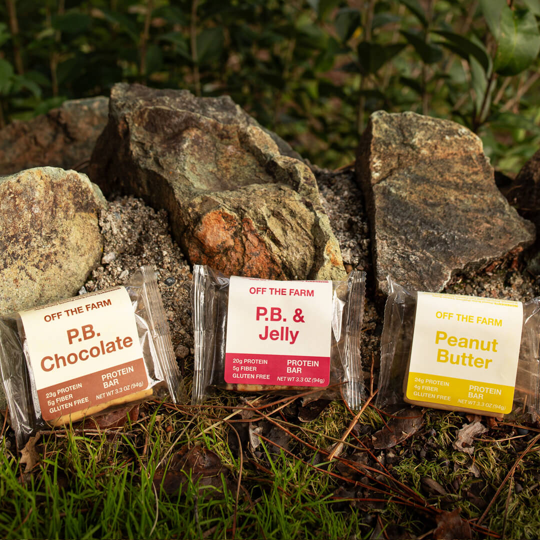 Protein bars labeled 'P.B. Chocolate', 'P.B. & Jelly', and 'Peanut Butter' on a natural background with rocks and grass.