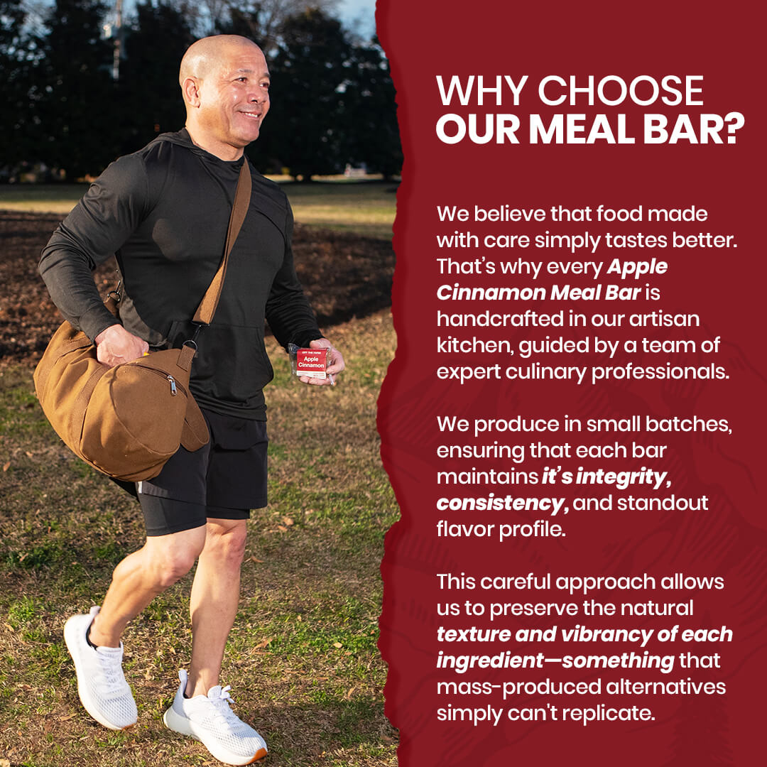 Man walking outdoors with a brown bag and a meal bar, promotional text about Apple Cinnamon Meal Bar on a red background.