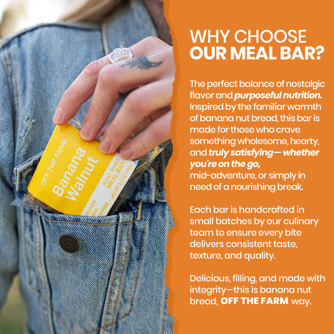 Person holding a 'Banana Walnut' meal bar with promotional text on an orange background