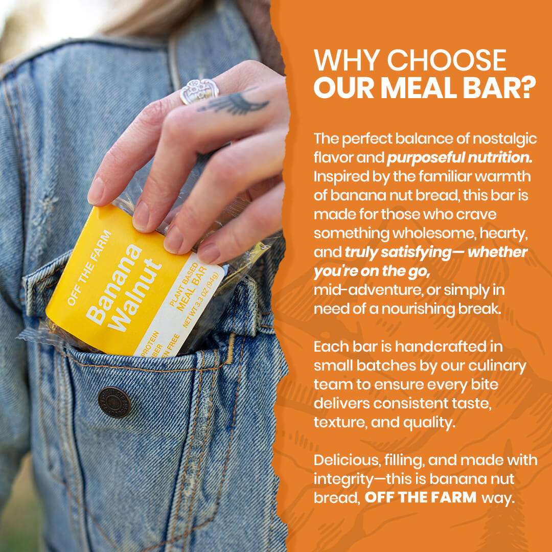 Person holding a 'Banana Walnut' meal bar with promotional text on an orange background