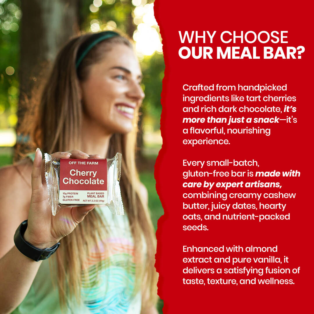 Woman holding a Cherry Chocolate meal bar with promotional text on a red background