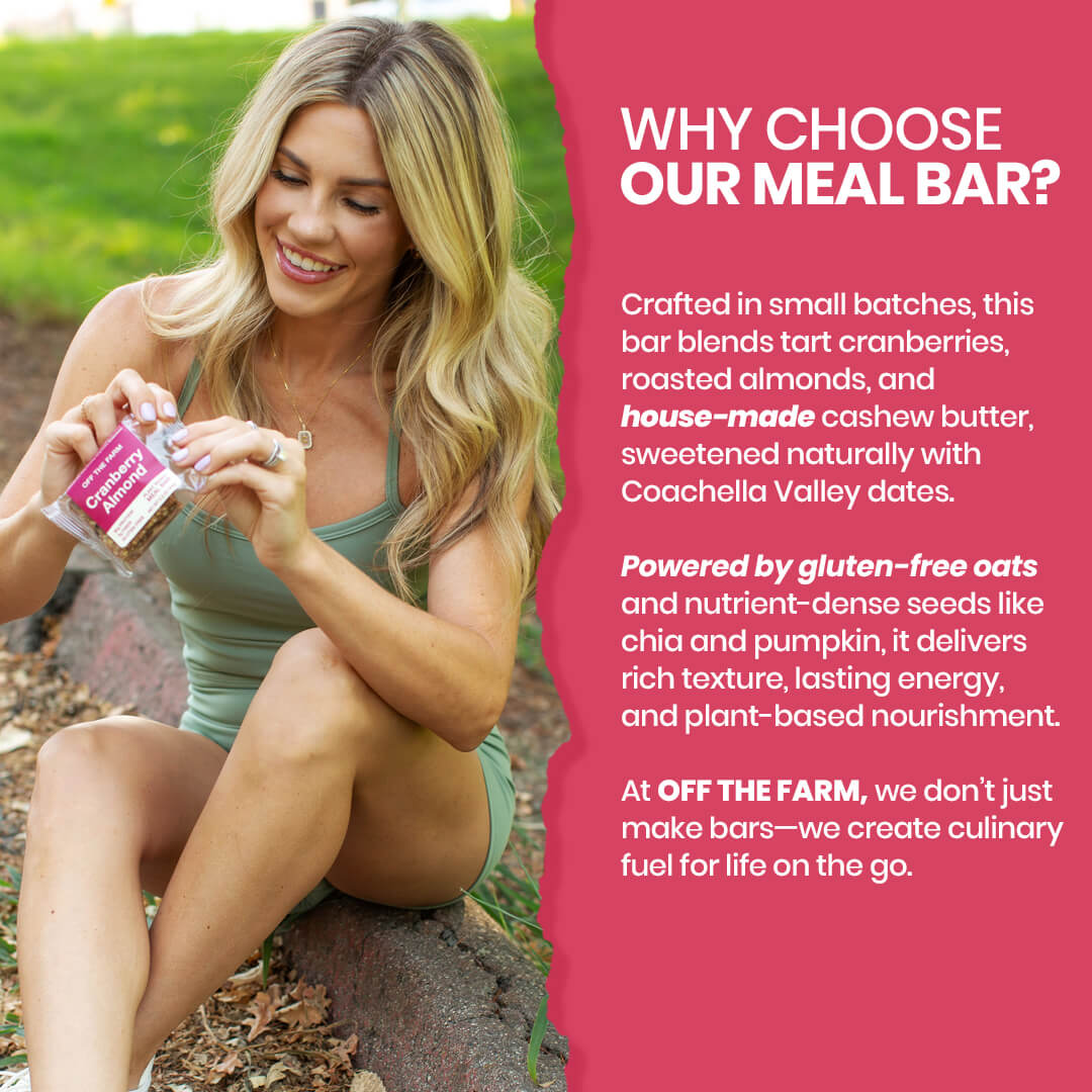 Woman holding a meal bar with promotional text about its ingredients and benefits.