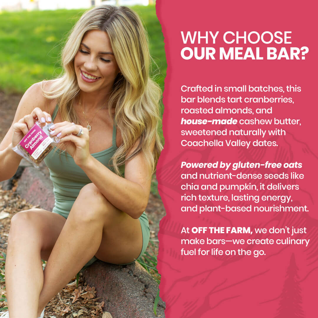 Woman holding a meal bar with promotional text about its ingredients and benefits.