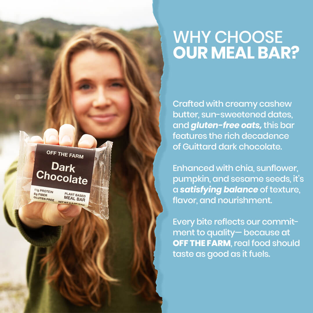 Woman holding a 'Off The Farm' Dark Chocolate meal bar with text about its ingredients and benefits.