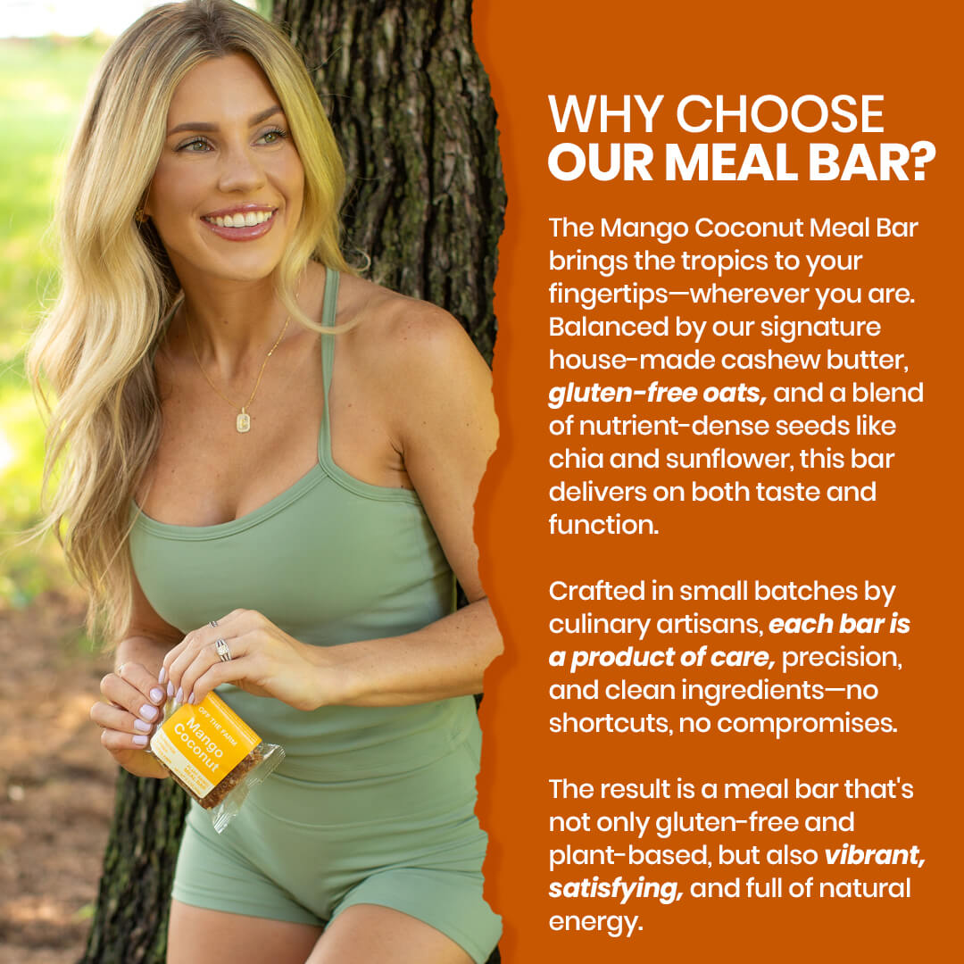 Woman holding a meal bar with promotional text about the product's benefits