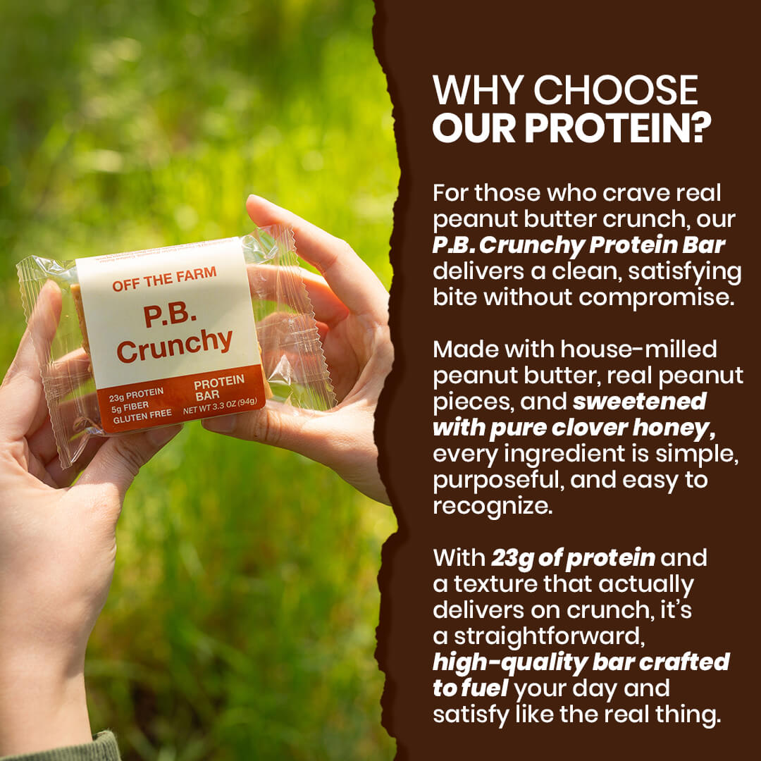 Protein bar packaging held by a hand with promotional text about the product.