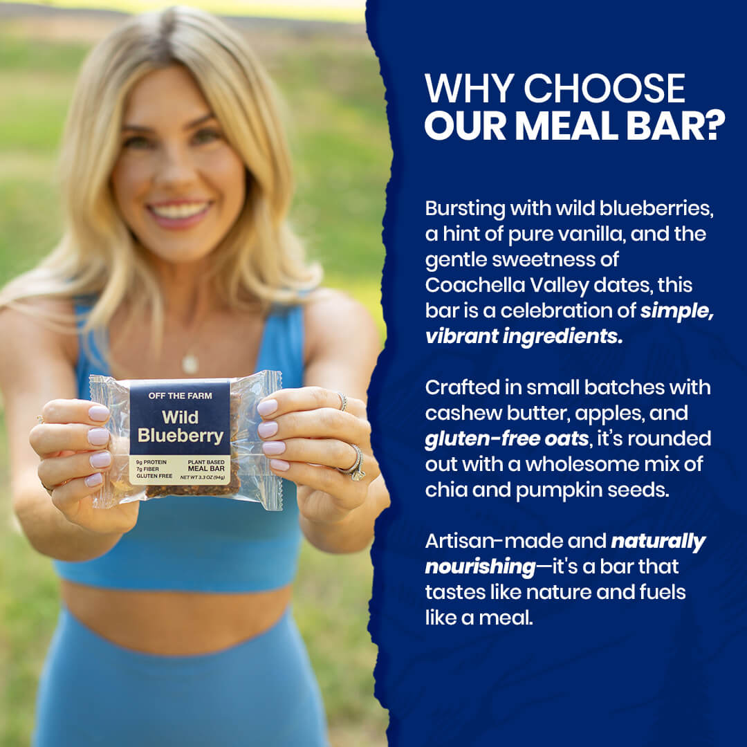 Woman holding a meal bar with promotional text about its ingredients and benefits.