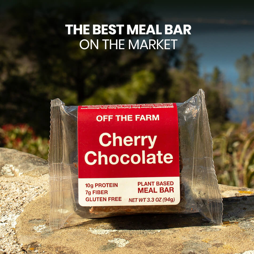Cherry Chocolate meal bar packaging on a rock with a natural background
