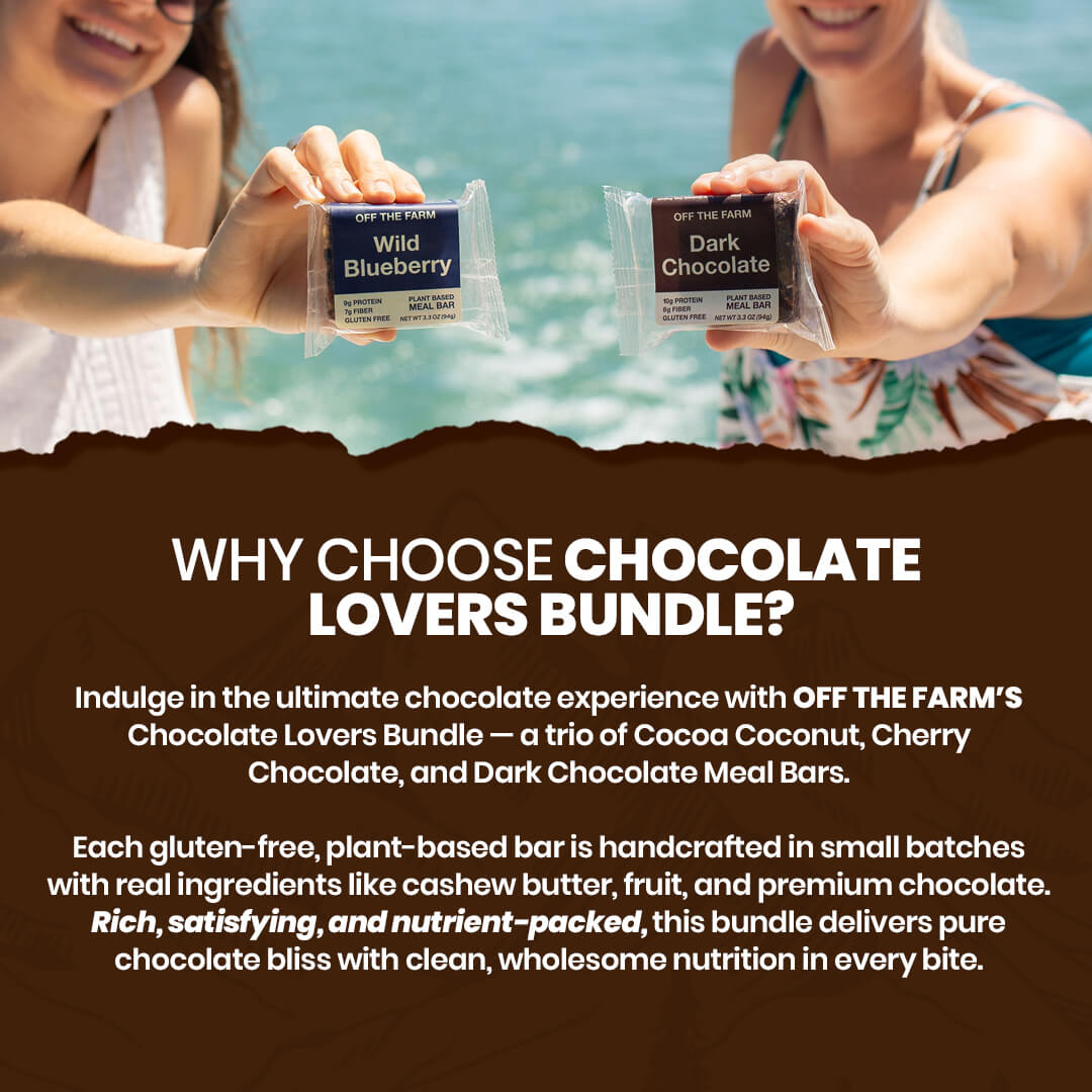 Two people holding packages of Off The Farm chocolate bars with a scenic background.