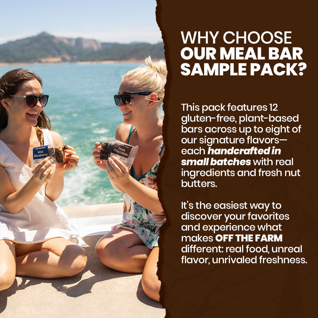 Two women sitting by a lake holding OFF THE FARM meal bars with promotional text about the product.