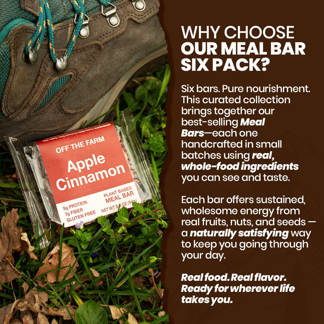 Meal bar packaging with hiking boot on grass, promotional text about meal bar six pack.