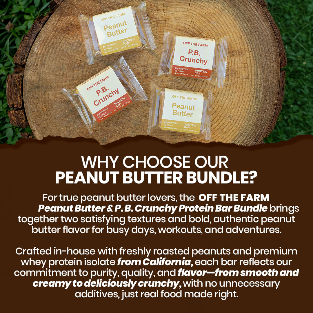 Four packaged protein bars from the Off The Farm bundle, including Peanut Butter and P.B.