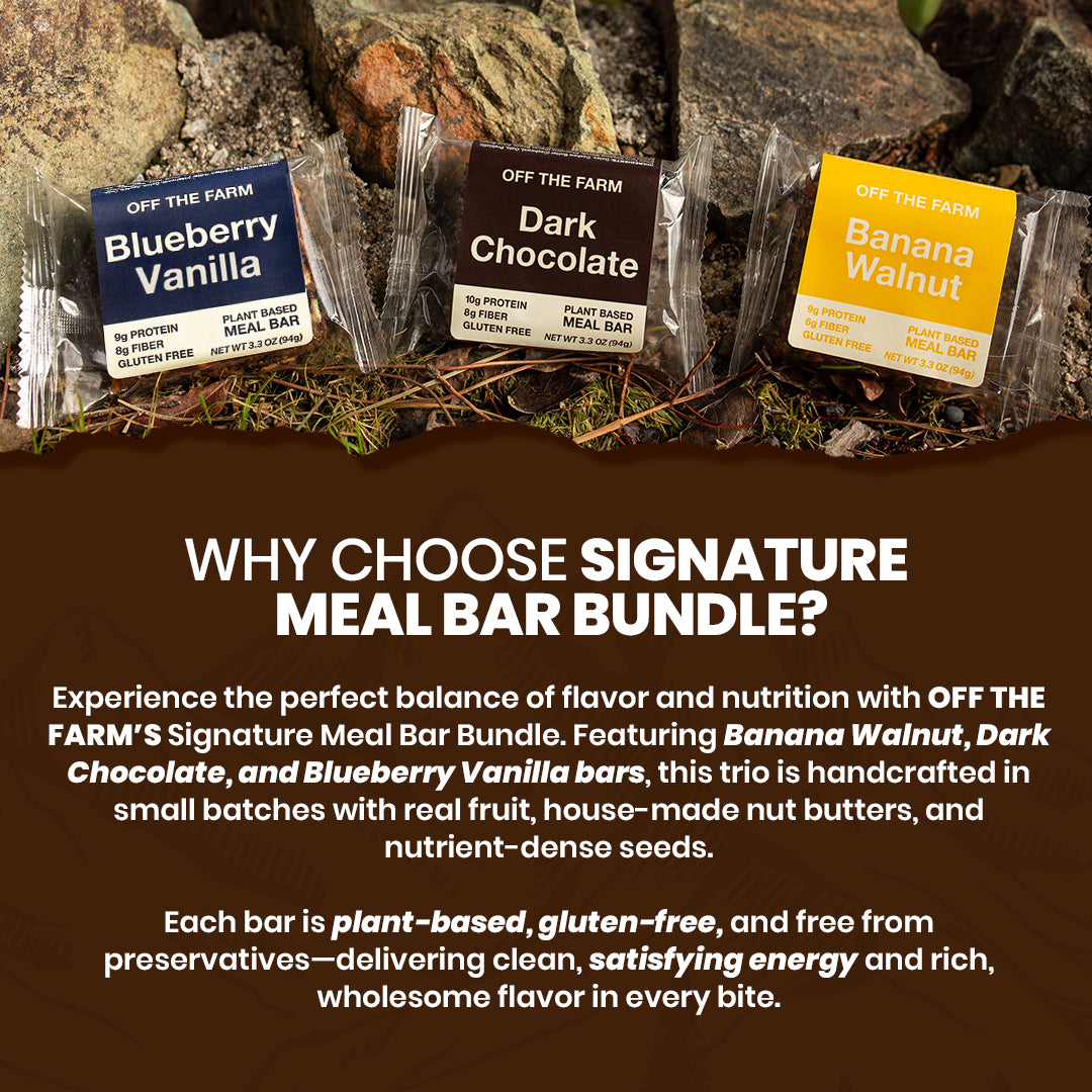 Three plant-based meal bars with labels for Blueberry Vanilla, Dark Chocolate, and Banana Walnut on a natural background.