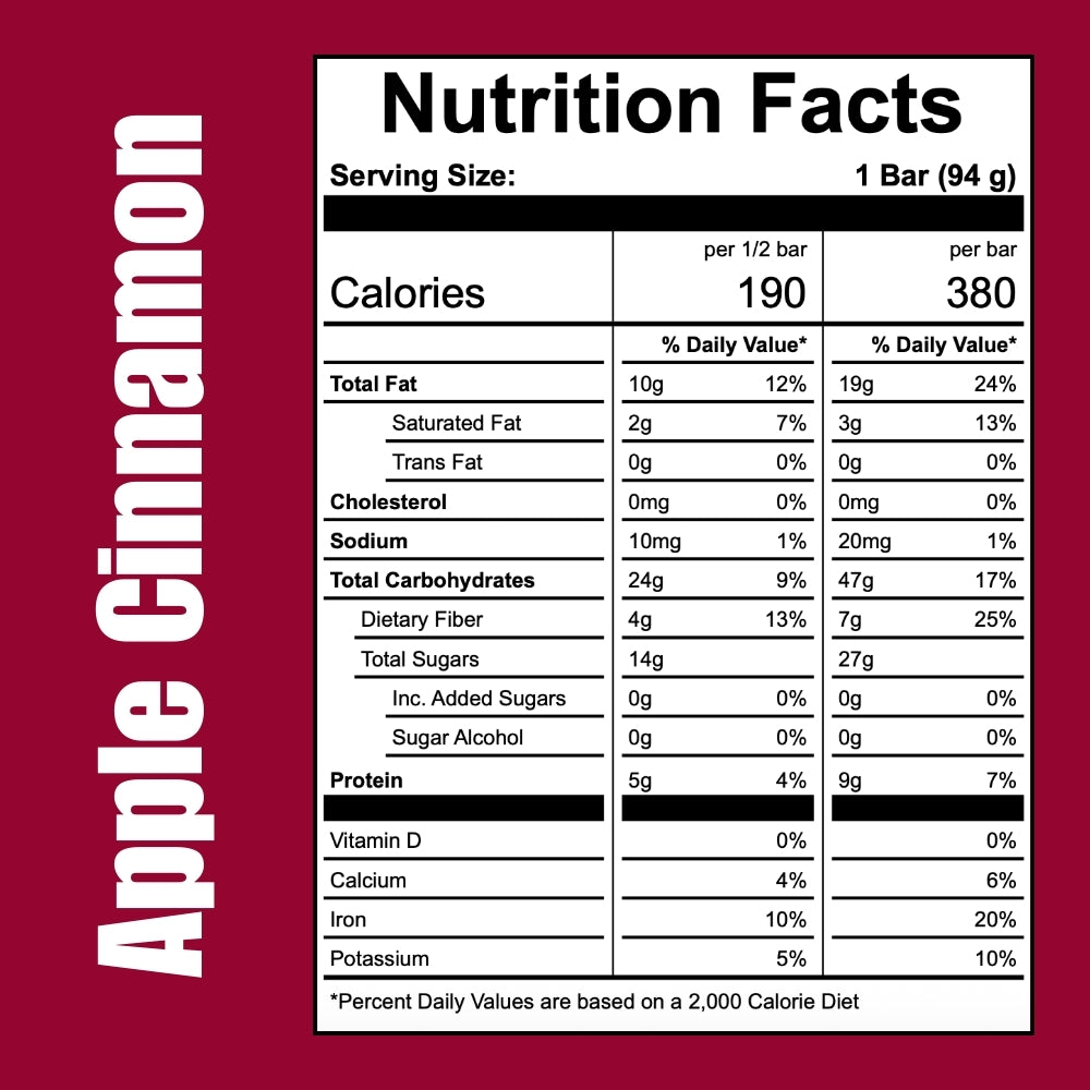 Nutrition facts label for an OFF THE FARM 'Apple Cinnamon' bar on a red background