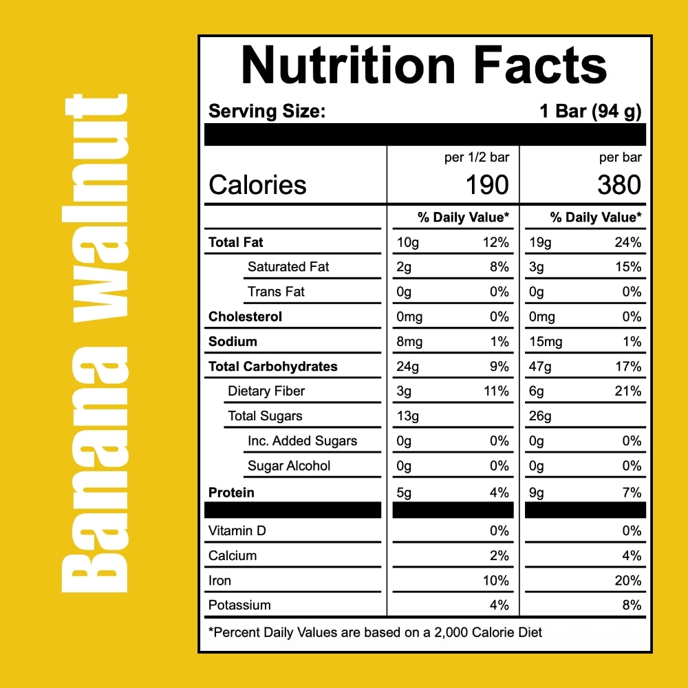 Nutrition facts label for Off The Farm banana walnut bar on a yellow background