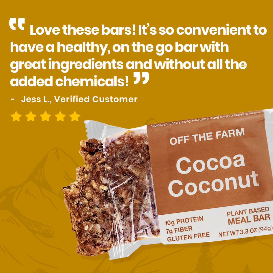 OFF THE FARM Cocoa Coconut meal bar packaging with customer review on a yellow background