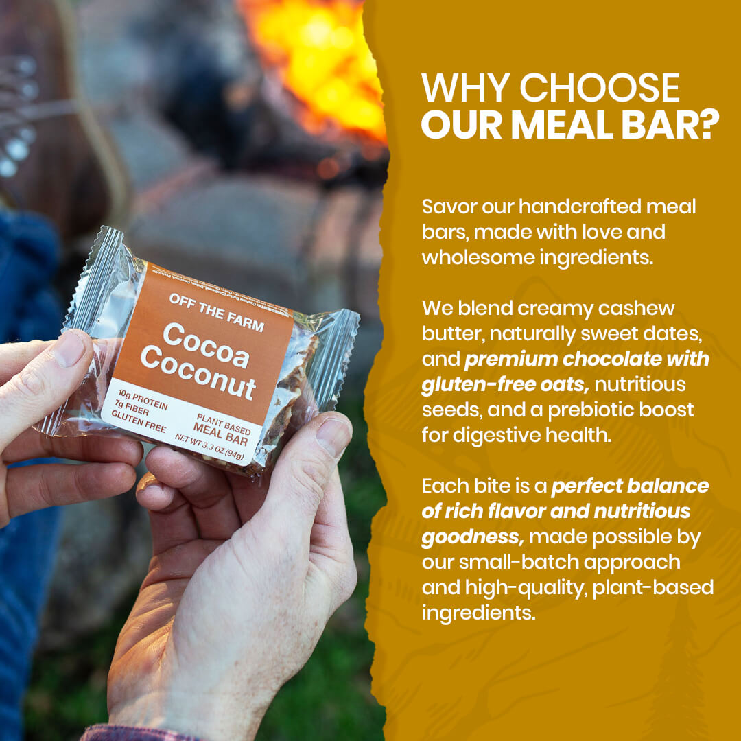 Hand holding an OFF THE FARM 'Cocoa Coconut' meal bar with promotional text about the product's benefits.