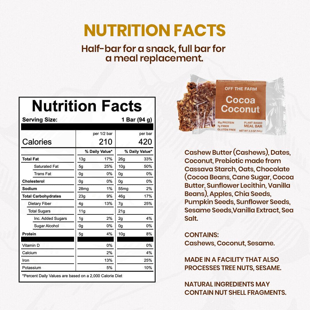Nutrition facts label for a cocoa coconut bar with ingredients listed.