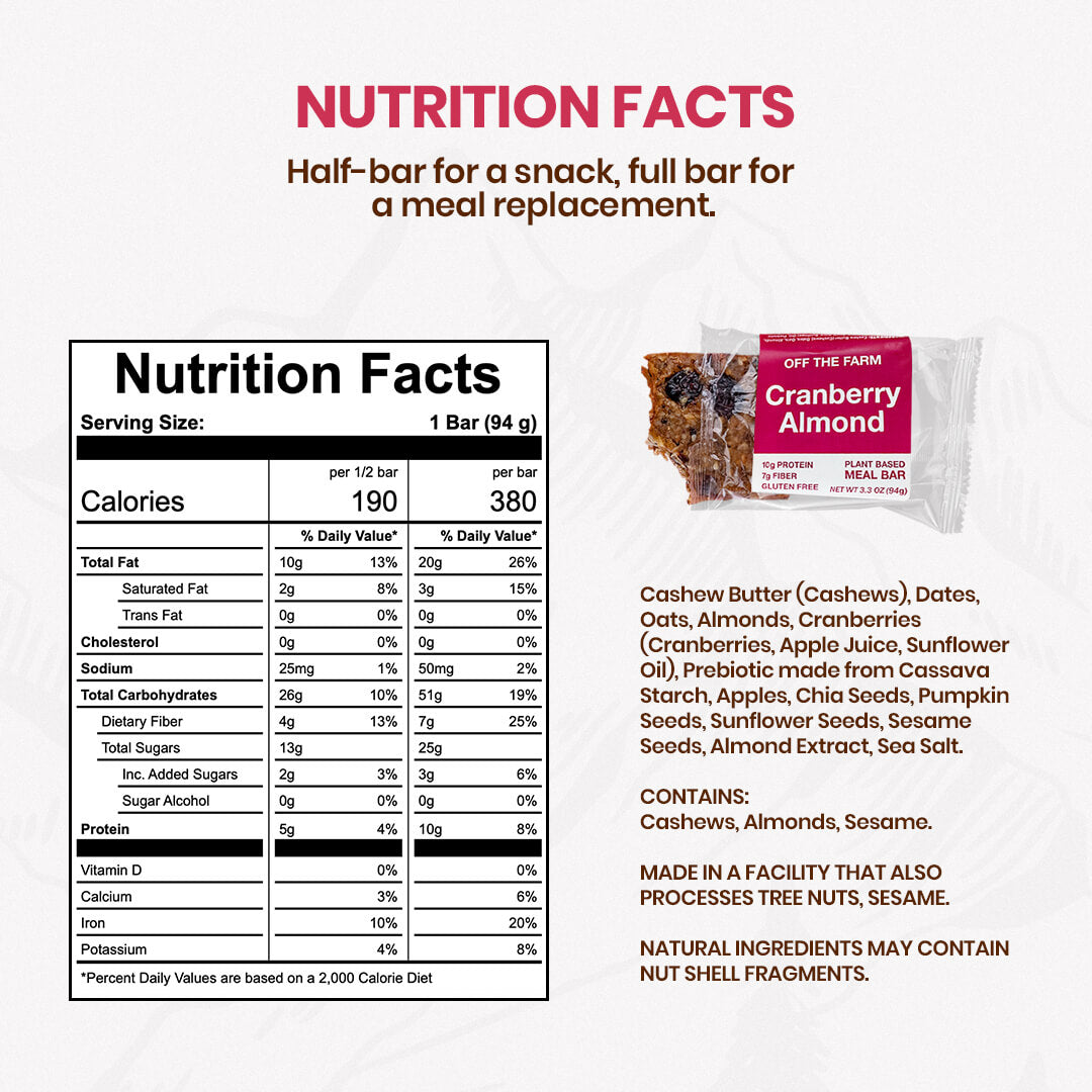 Nutrition facts label for a cranberry almond bar with product packaging on a white background.