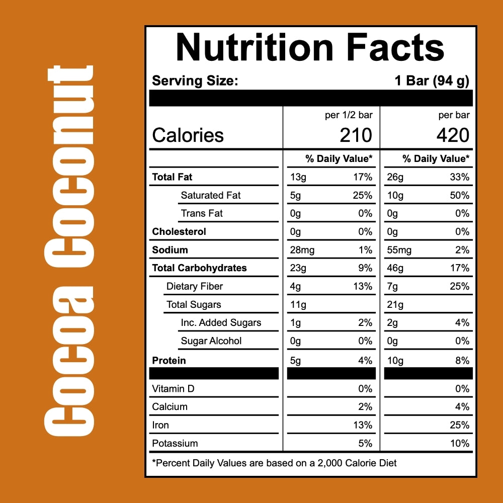 Nutrition facts label for Off the Farm cocoa coconut bar on an orange background