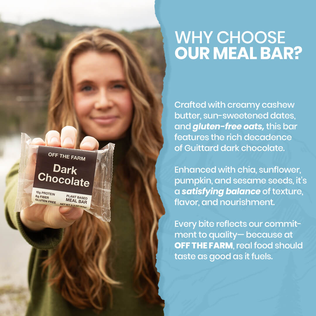 Woman holding a Off The Farm meal bar with descriptive text about the product on a blue background.