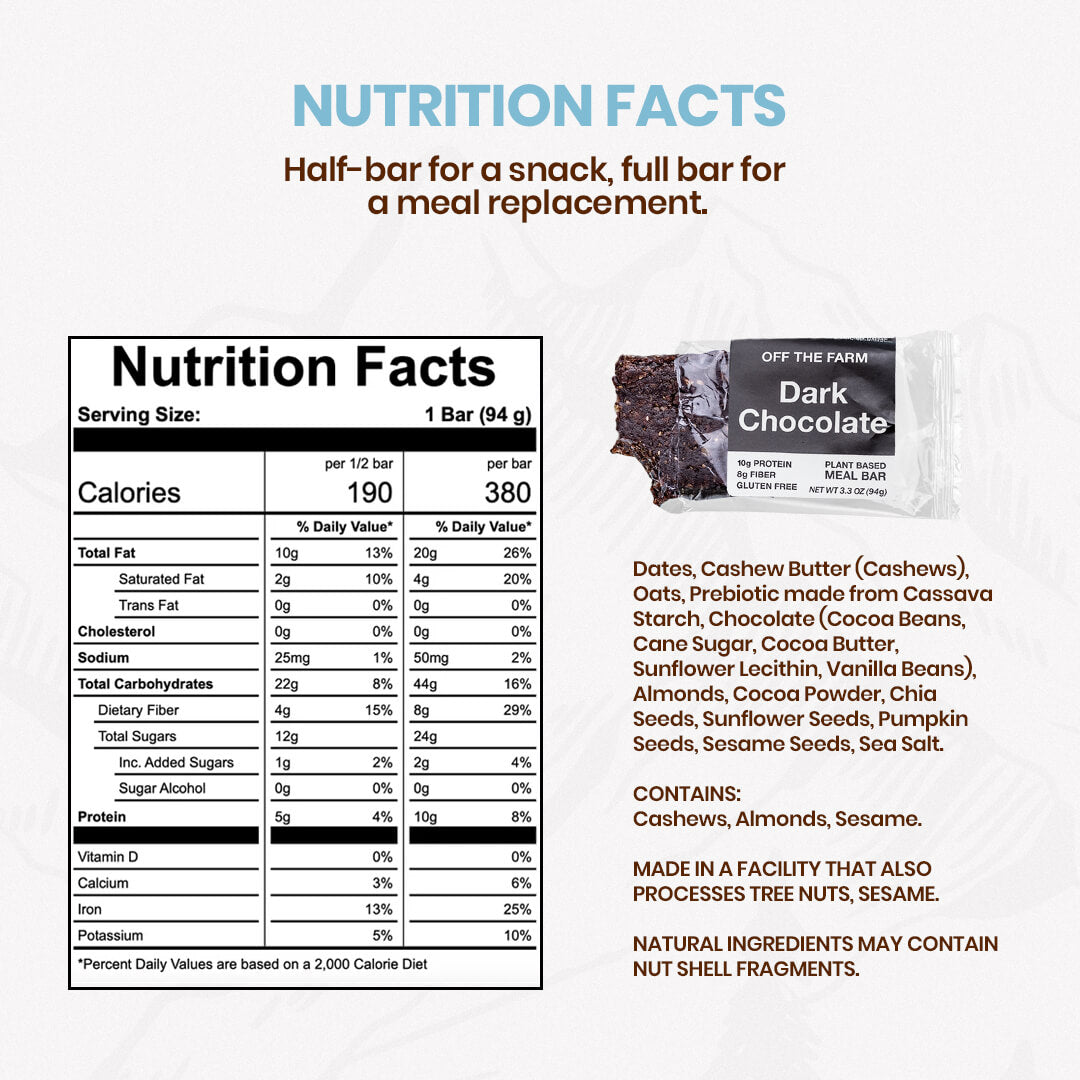 Nutrition facts label for a dark chocolate bar with ingredients listed.