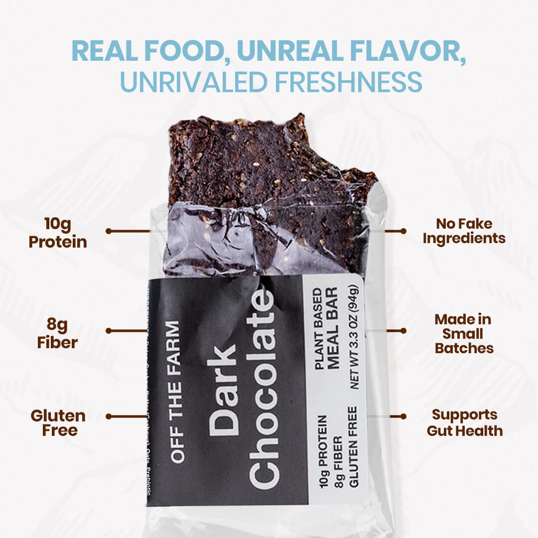 Dark chocolate plant-based meal bar packaging with nutritional information and benefits on a white background.