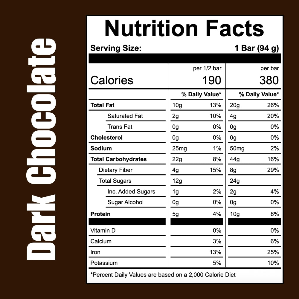 Nutrition facts label for Off the Farm dark chocolate on a brown background