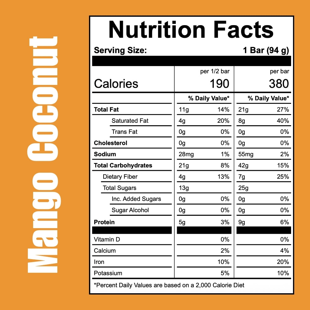 Nutrition facts label for a Mango Coconut bar on an orange background
