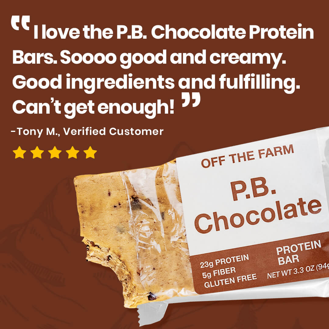 OFF THE FARM P.B. Chocolate Protein Bar with customer review on a brown background
