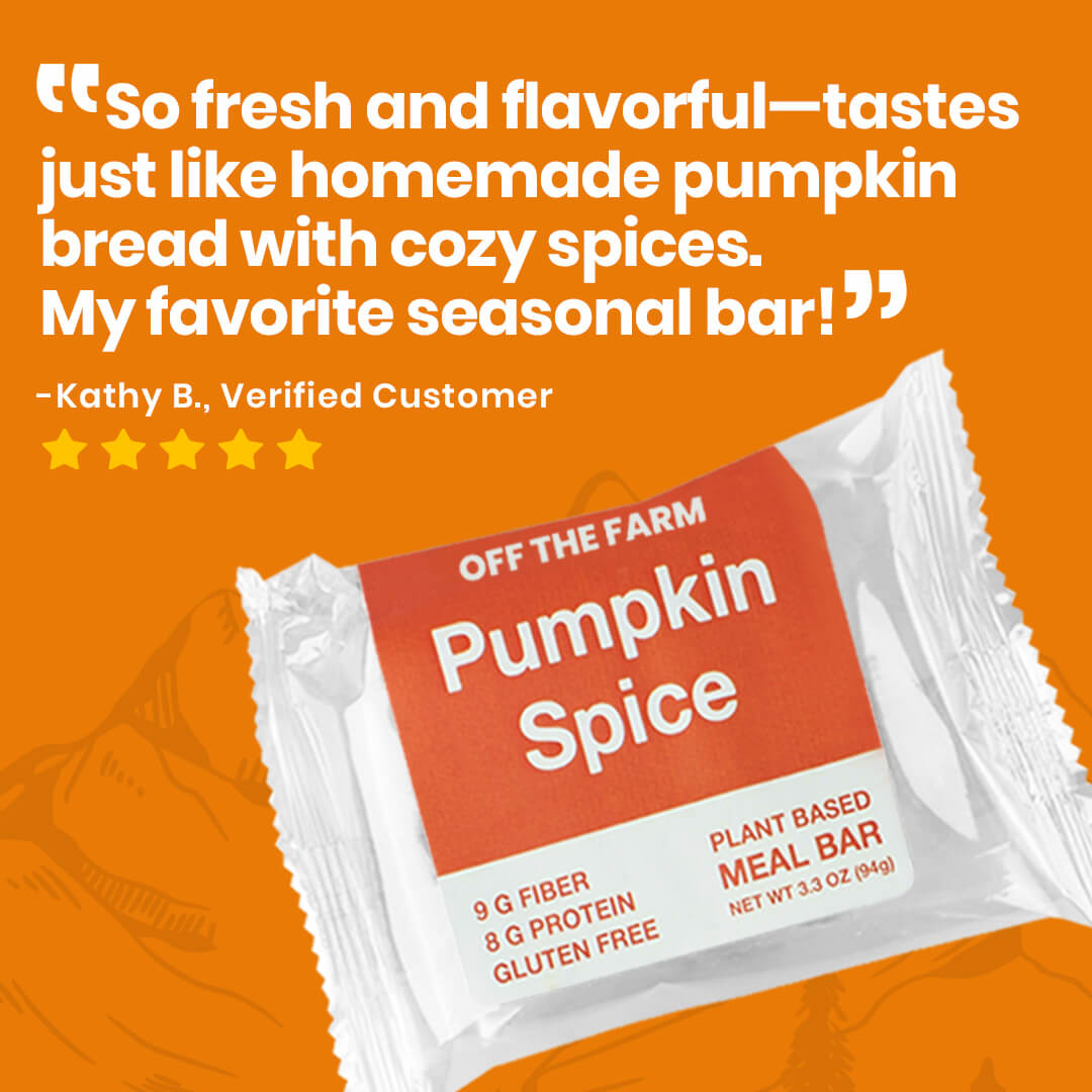 Pumpkin Spice meal bar packaging with customer review on an orange background