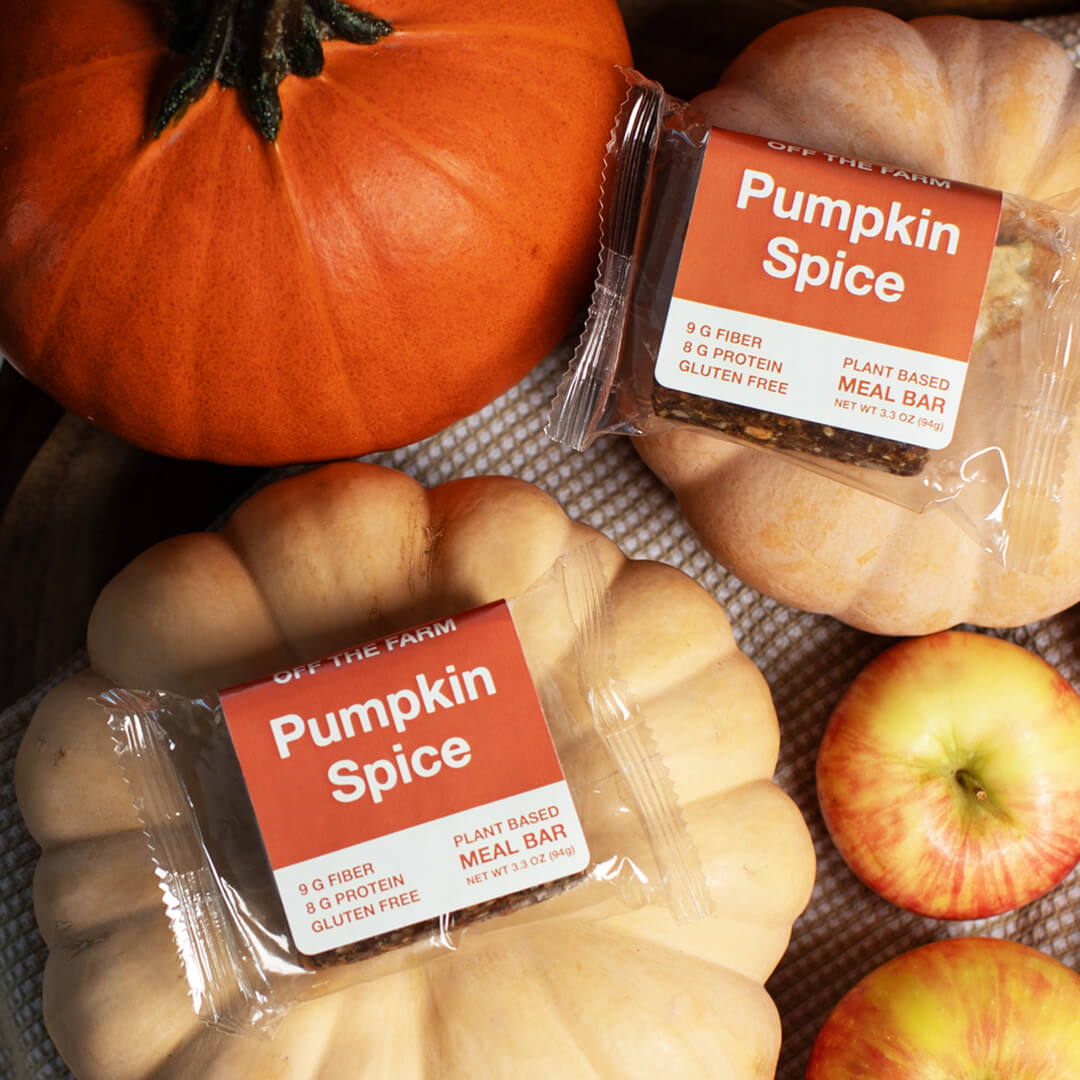 Pumpkin Spice meal bars with pumpkins and apples on a textured surface