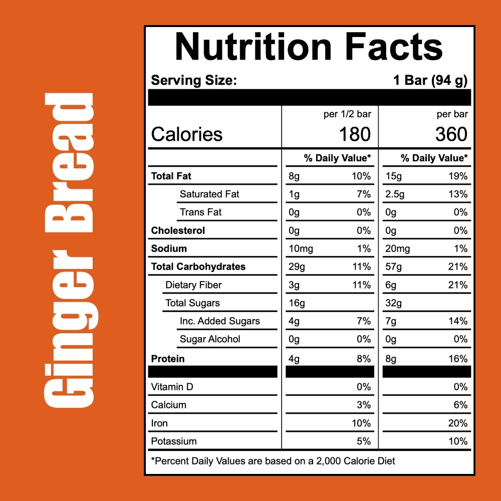 Nutrition facts label for Off The Farm gingerbread bar on an orange background